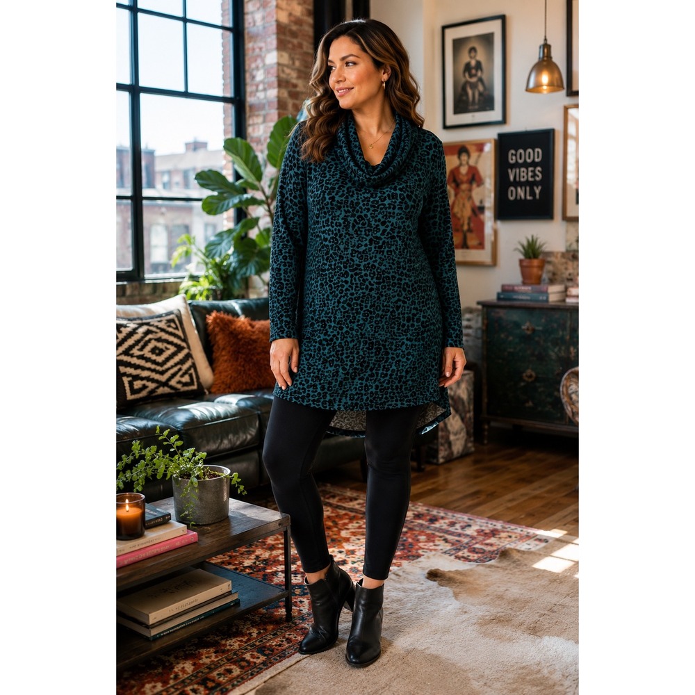 Cuddl Duds 1X Animal Print Cowl Neck High Low Tunic Dress